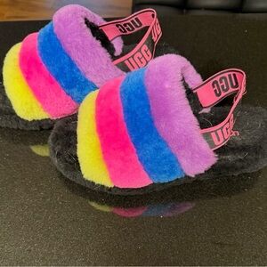 UGG Fluffy Pink and Purple Slippers with Strappy Design